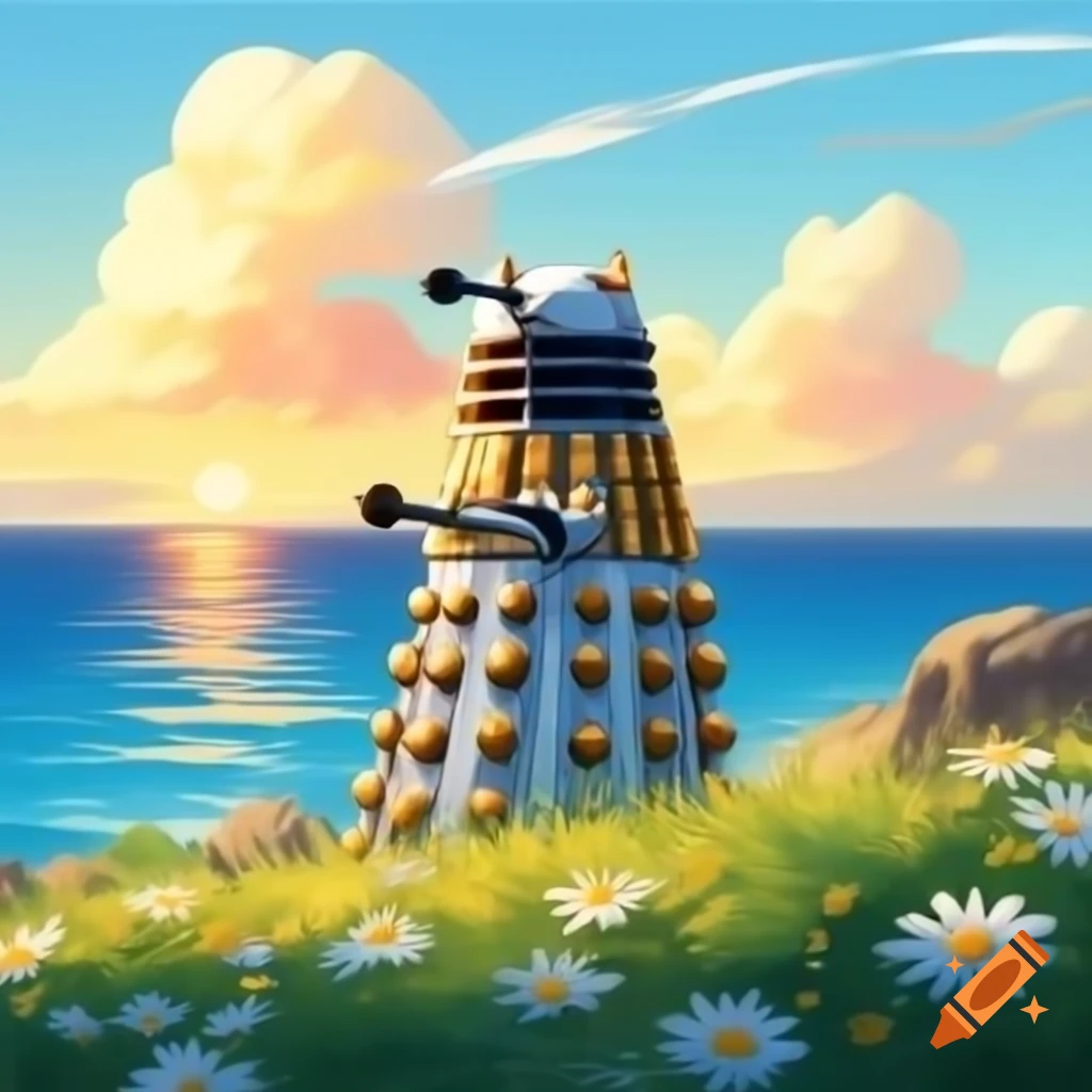 Anime-style dalek on cliff with daisies overlooking ocean at sunset