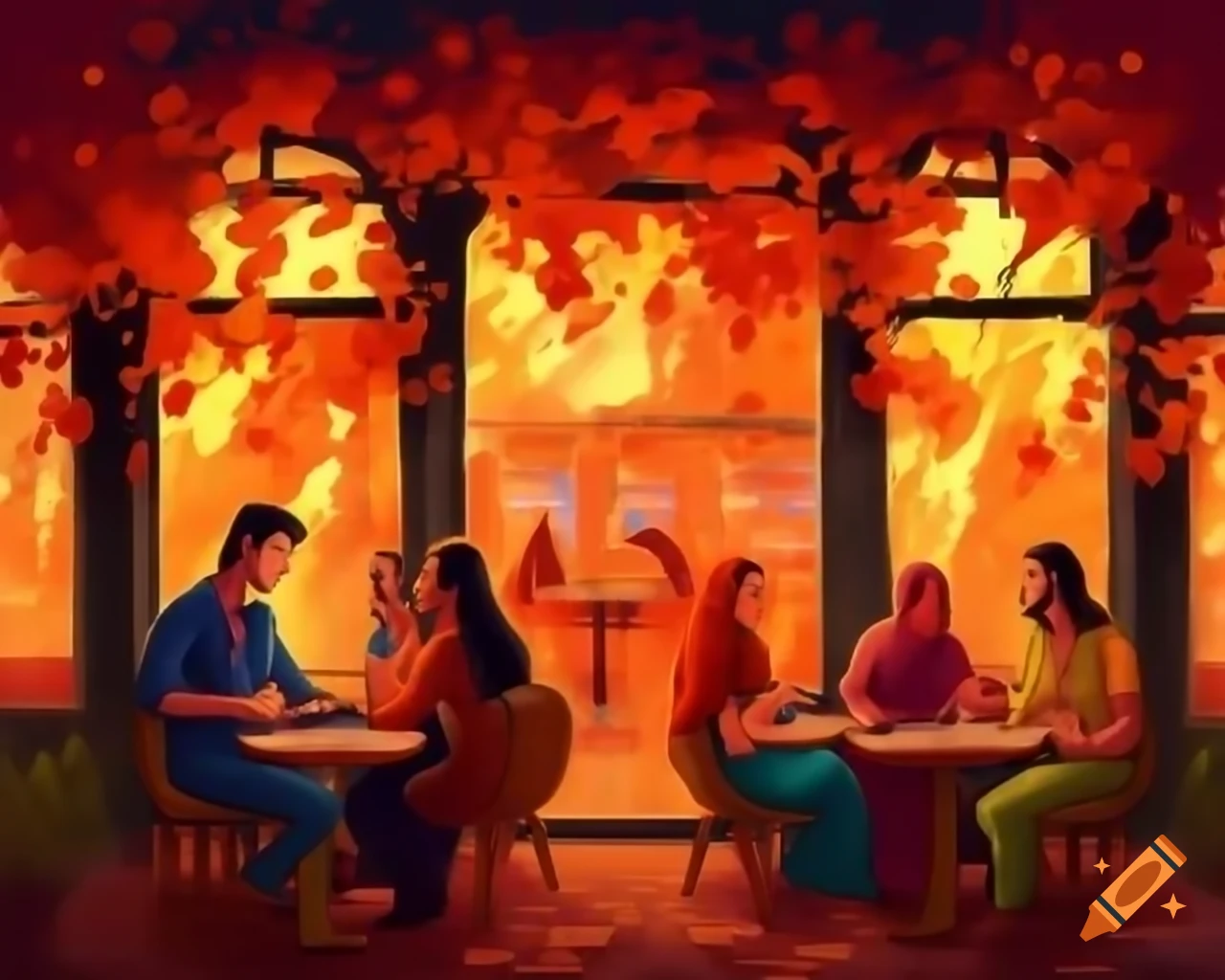 Warm glow of Kala's Cafe with autumn leaves in vibrant colors