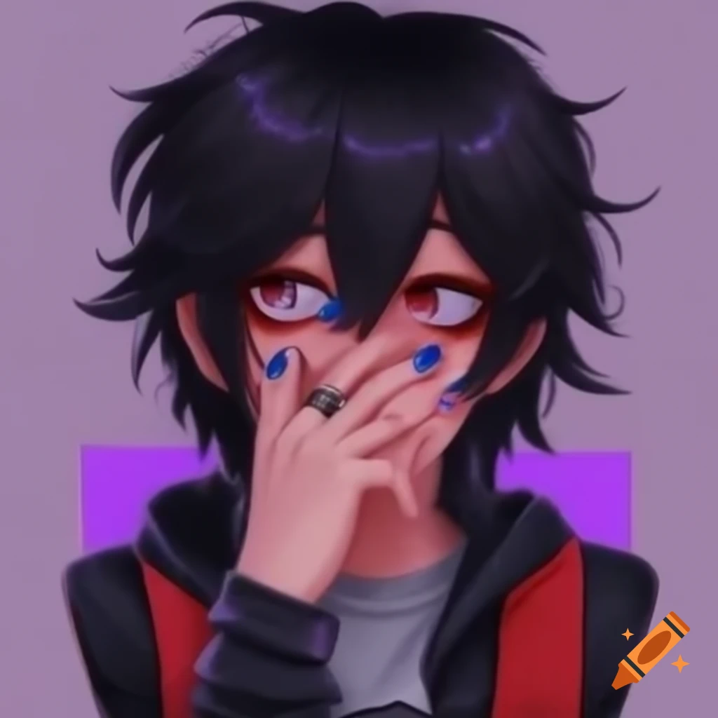 Young emo male with dark hair covering one eye, wearing purple and white checkered scarf