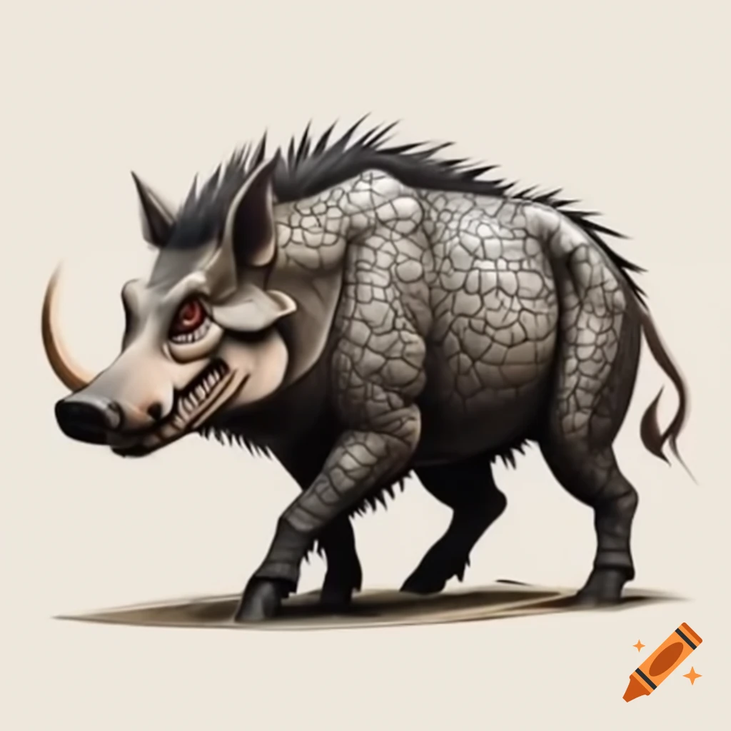 Hyper realistic wild boar-croc creature with tusks and fur