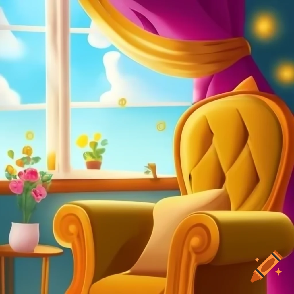 Close-up of golden armchair by window with beautiful weather outside, illustration