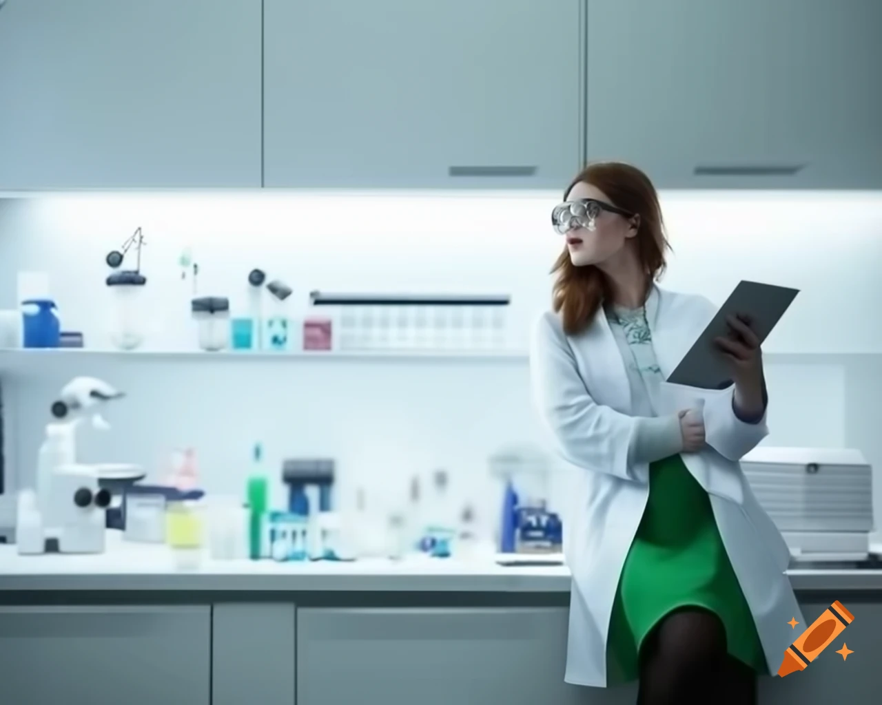 Middle-aged female scientist in lab coat and green skirt with stiletto heels