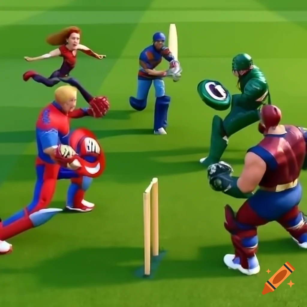 Superheroes playing cricket on a turf field