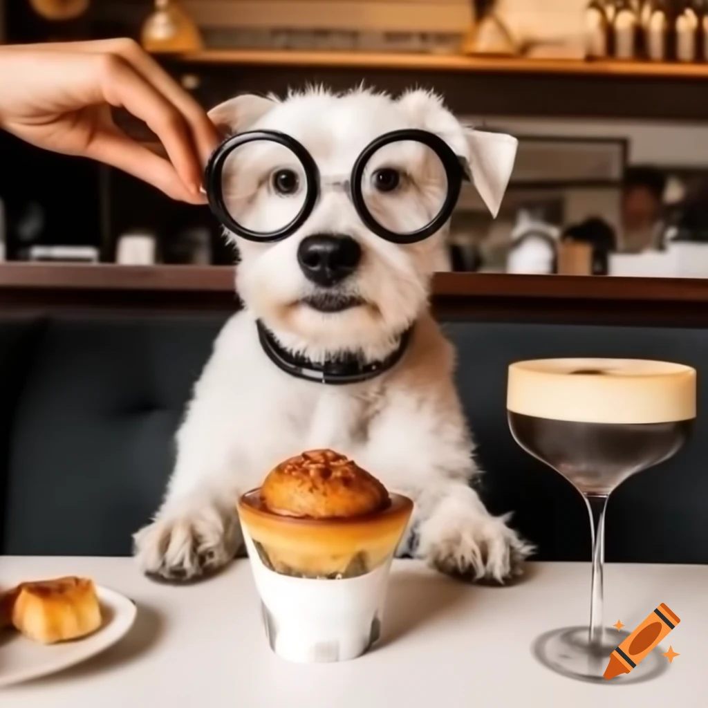 Logo design featuring a dog with glasses at a cafe with a pastry