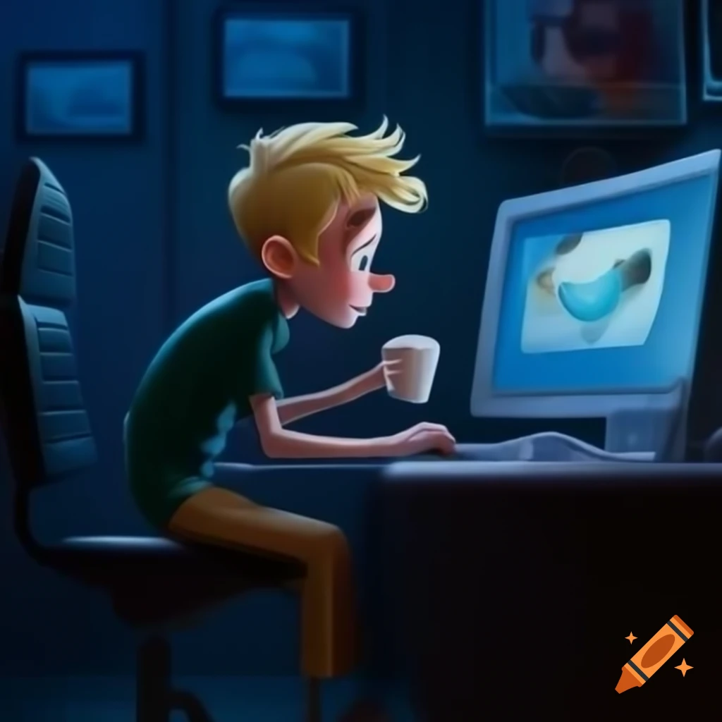 Blonde boy at computer in dark room with coffee, Pixar-style 3D