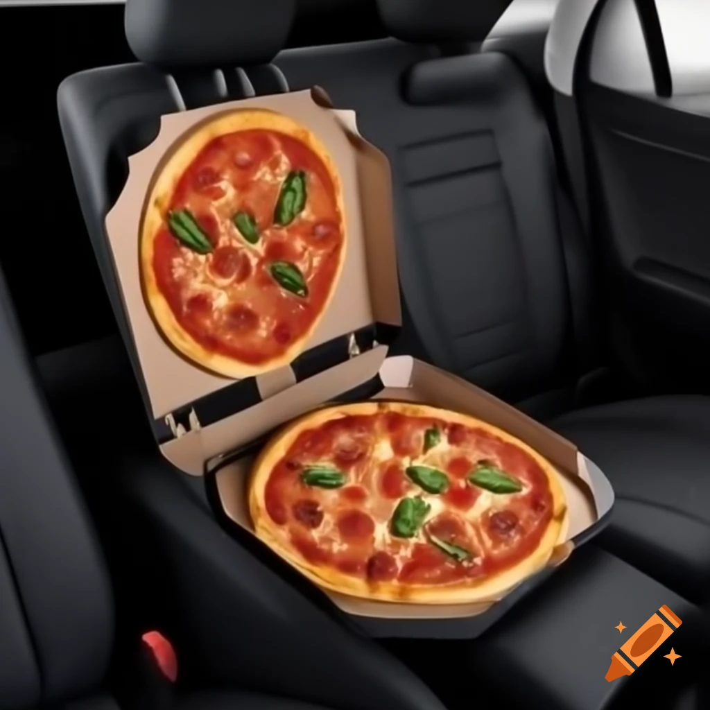 Pizza secured with seatbelt in AI car interior