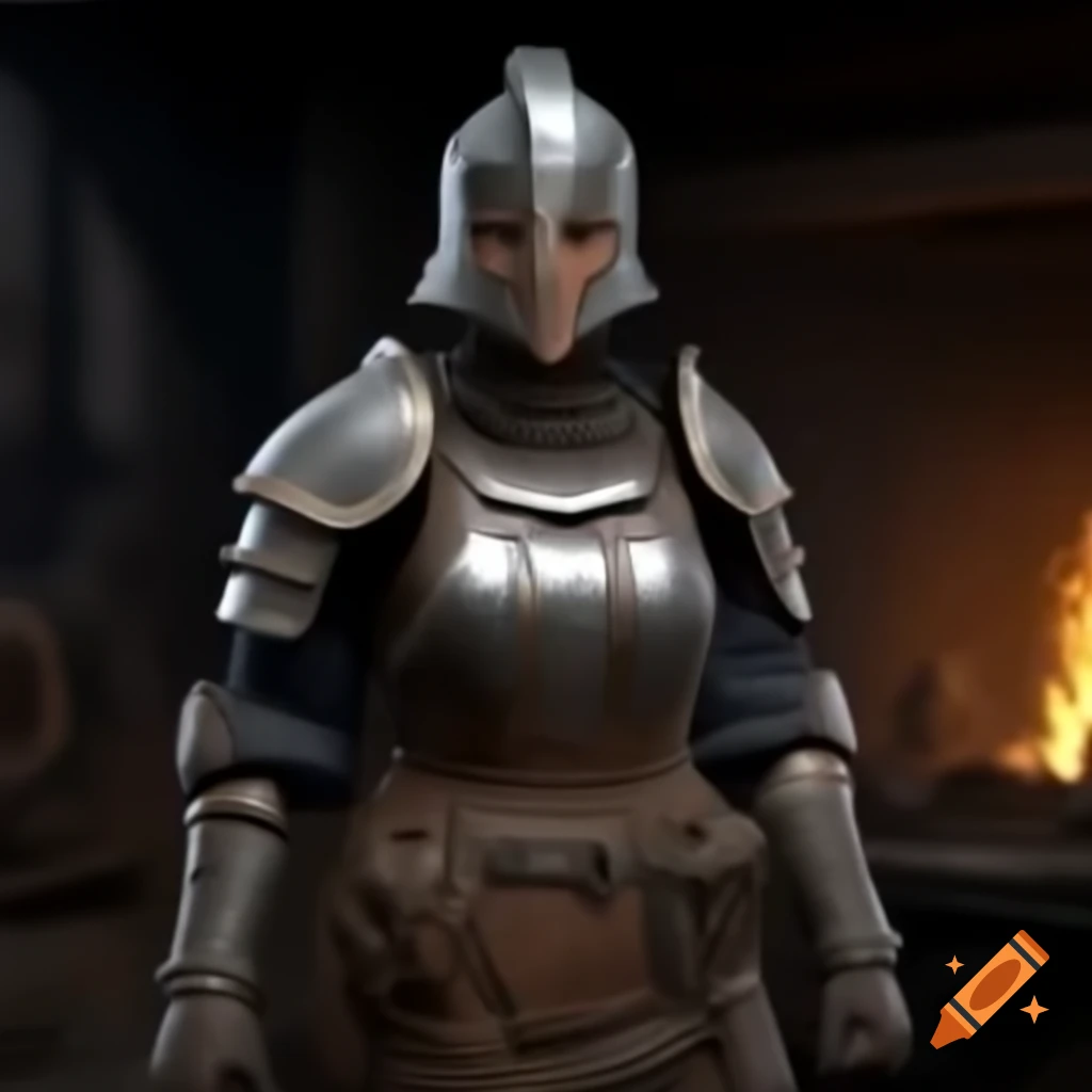 Female blacksmith wearing plate armor and full face helmet