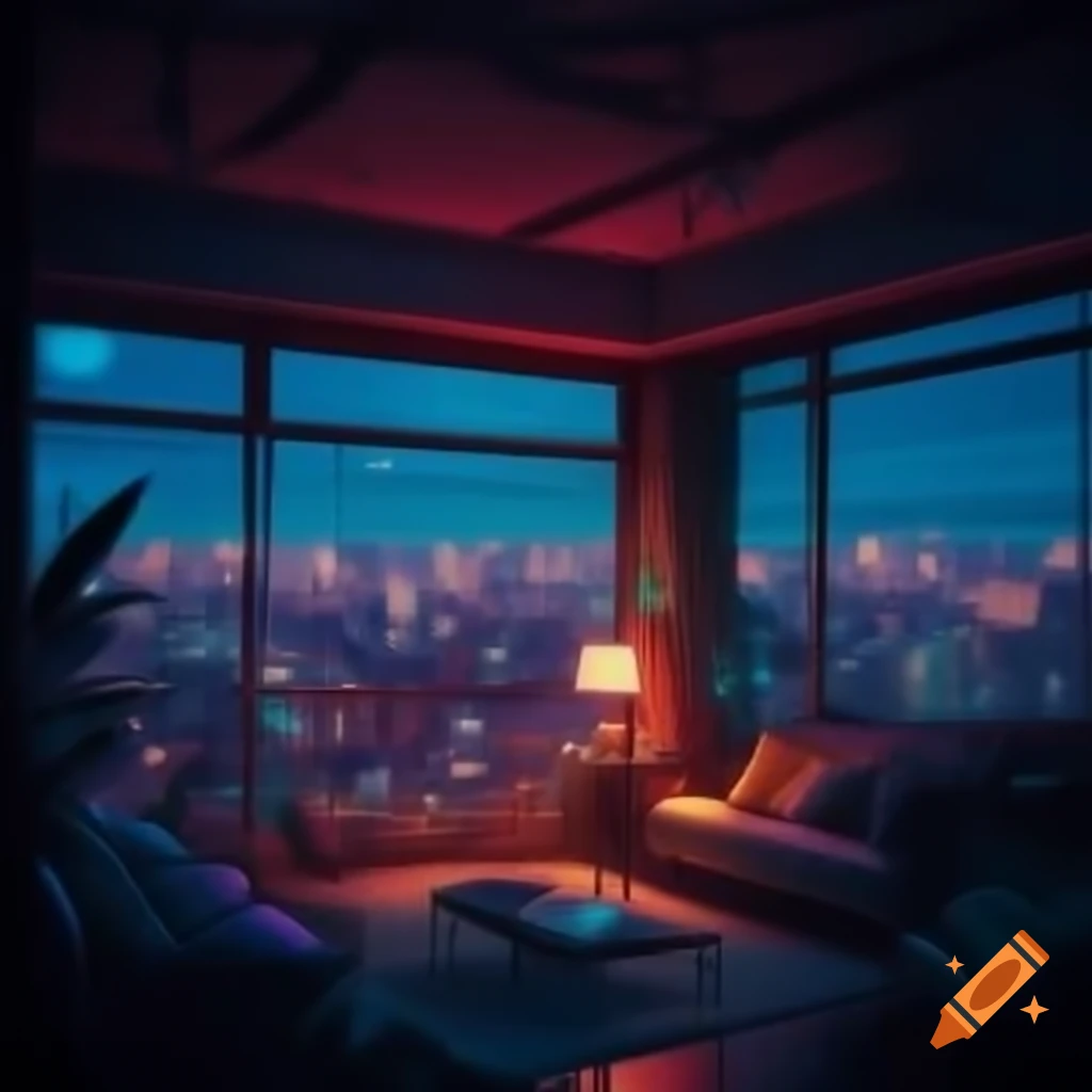 Cozy apartment interior with warm lighting and neon city view