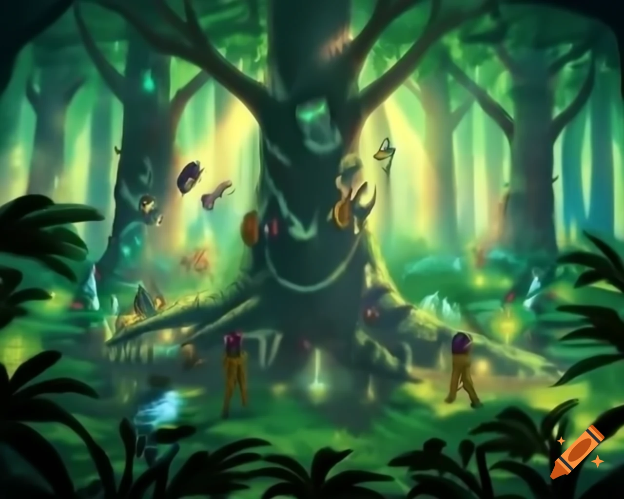 Dense forest with towering trees and vibrant plants reaching for sunlight