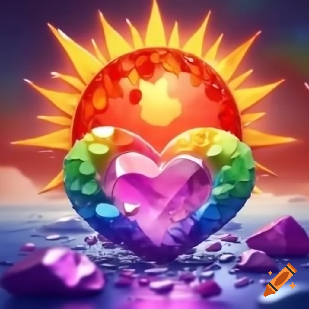Colorful rainbow sun with heart and crystal droplets featuring the word 'hope'