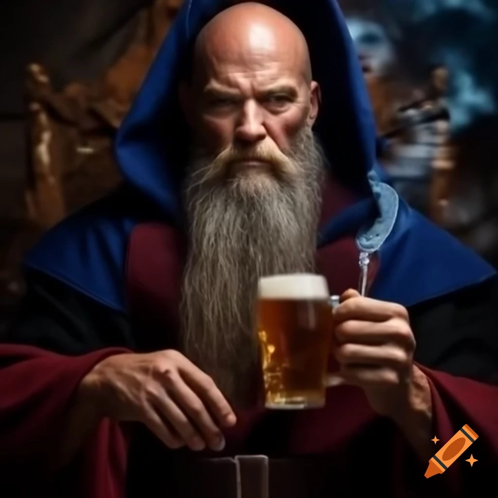 Muscular man in wizard robe and hat holding beer and cigarettes