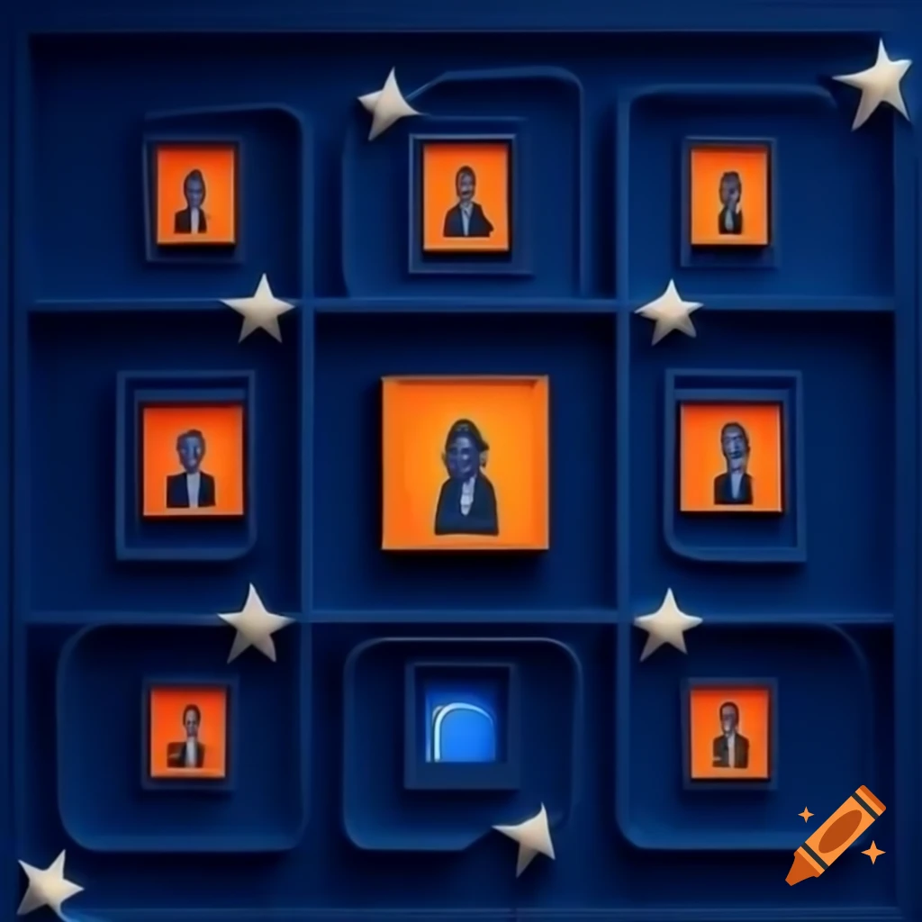 Sleek dark blue background with employee photos framed in orange and space for achievements