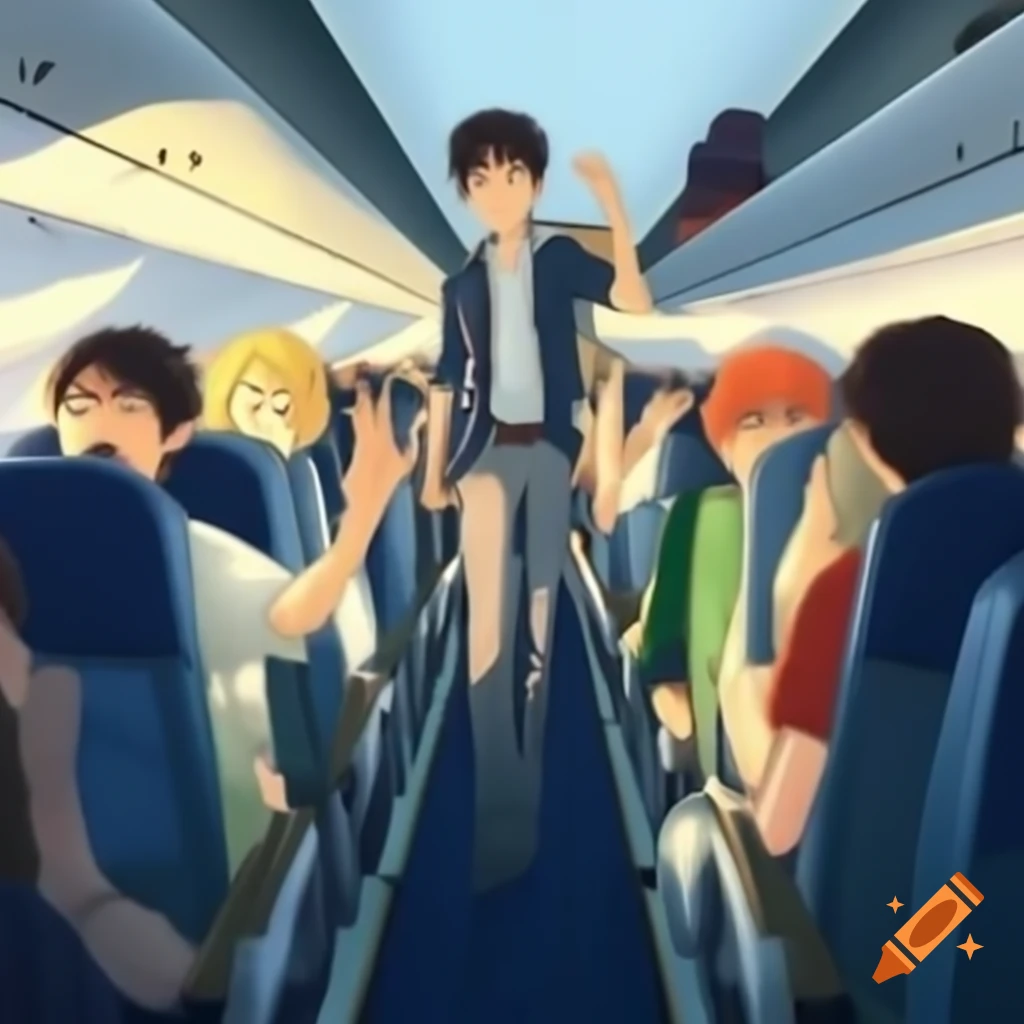 Anime passengers excitedly gathering for an extraordinary air journey