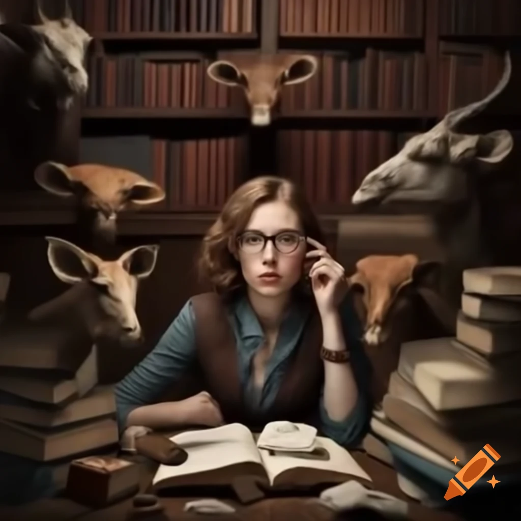 Studious woman in glasses with taxidermied animals and books