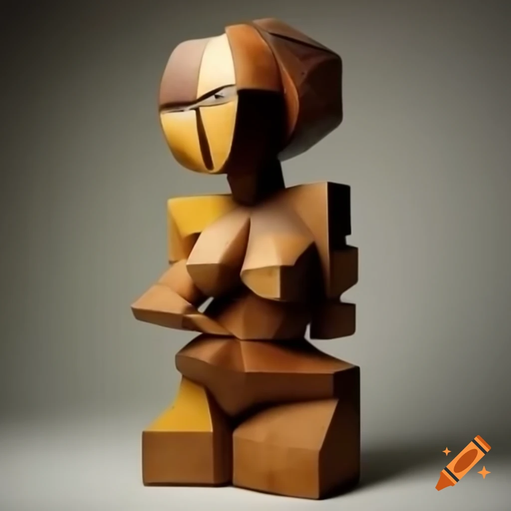 Cubist sculpture of a female figure crafted from rough painted wood