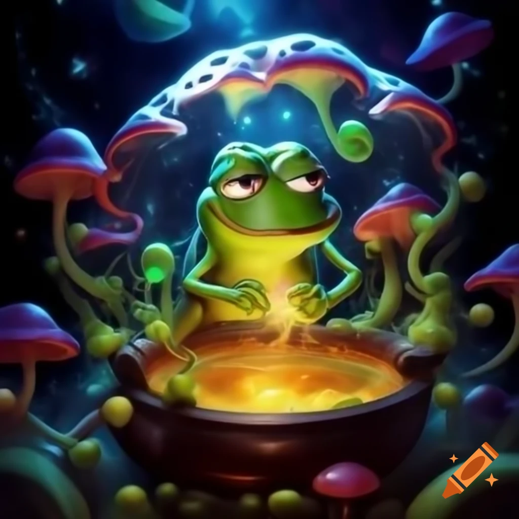 Pepe the frog in a psychedelic cauldron with vibrant mushrooms and cosmic elements