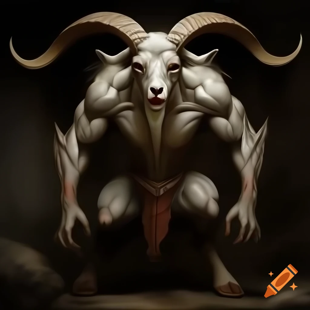 Goat-headed demon with large horns and muscular build in standing posture, 4k oil painting