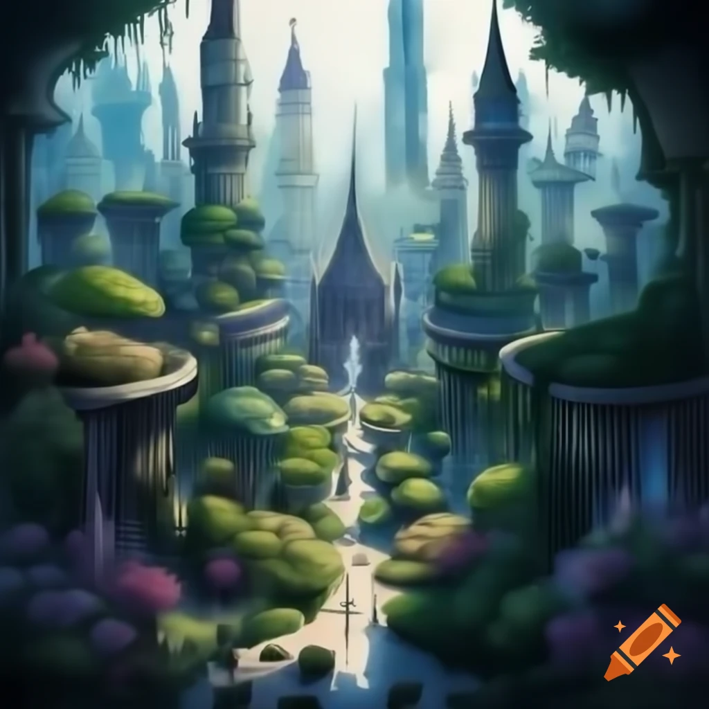 High-elf city with high walls and gardens in dark fantasy style