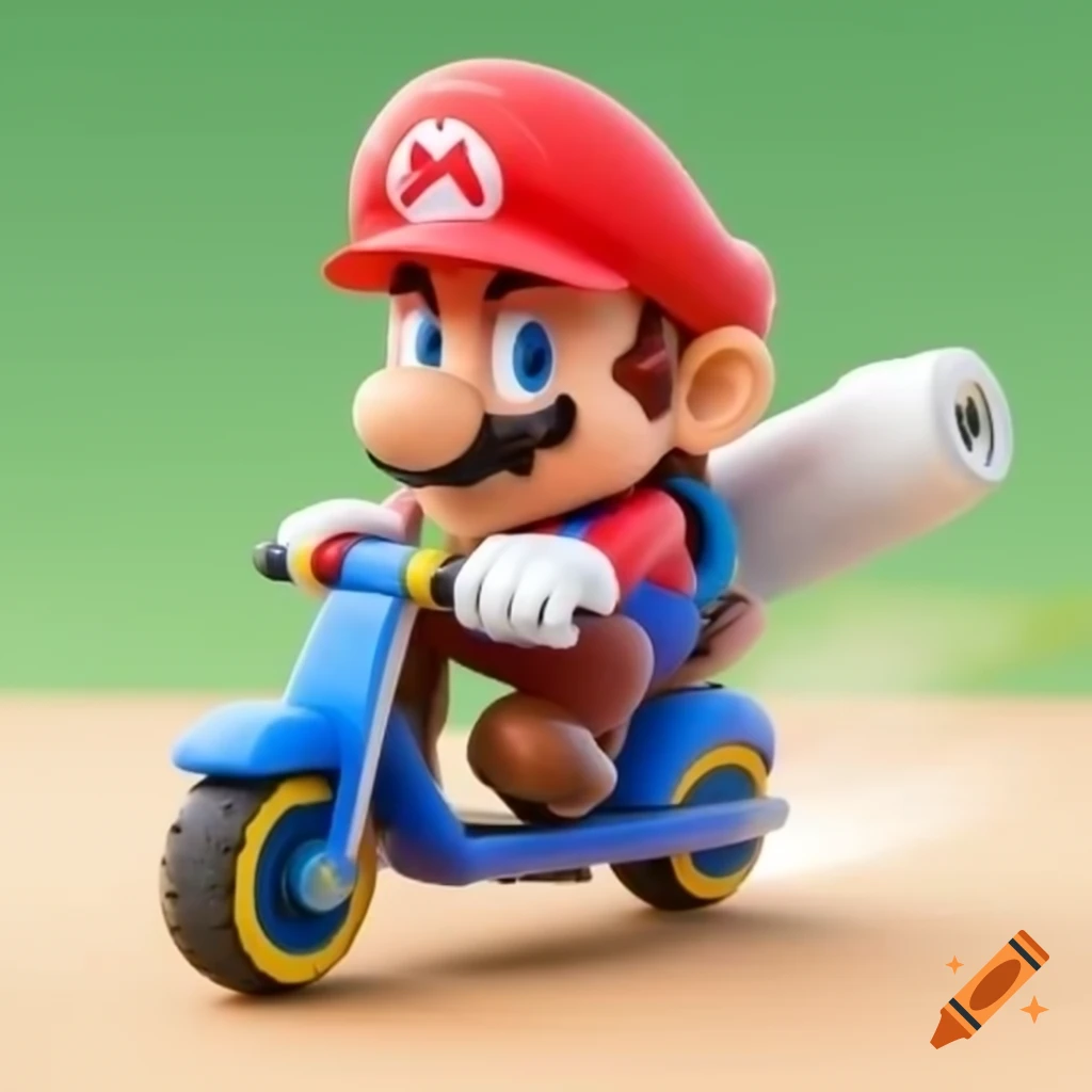 Super Mario riding a Razor scooter