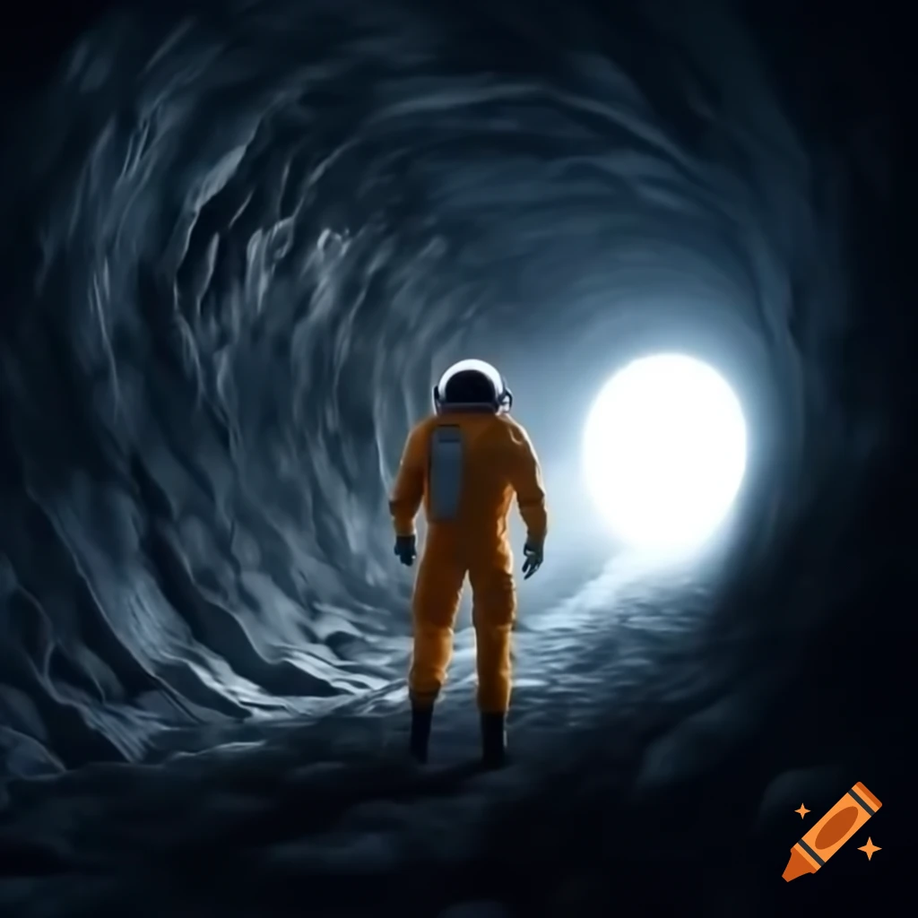 Astronaut gazing through illuminated tunnel in space