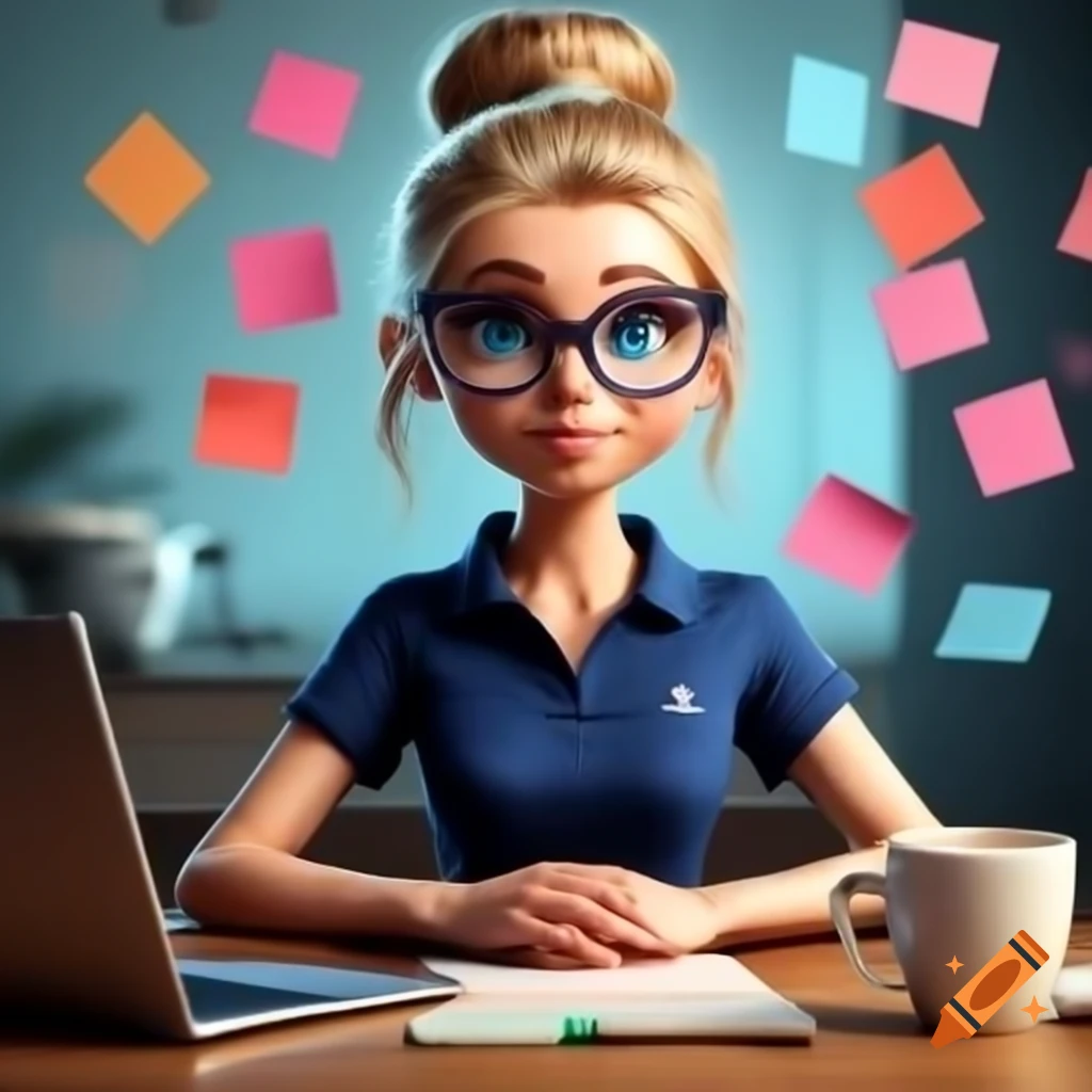 Portrait of smiling analyst with bun hairstyle and glasses working at desk with cat and laptop