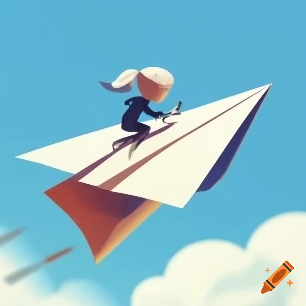 Scientist riding a giant paper airplane sheet