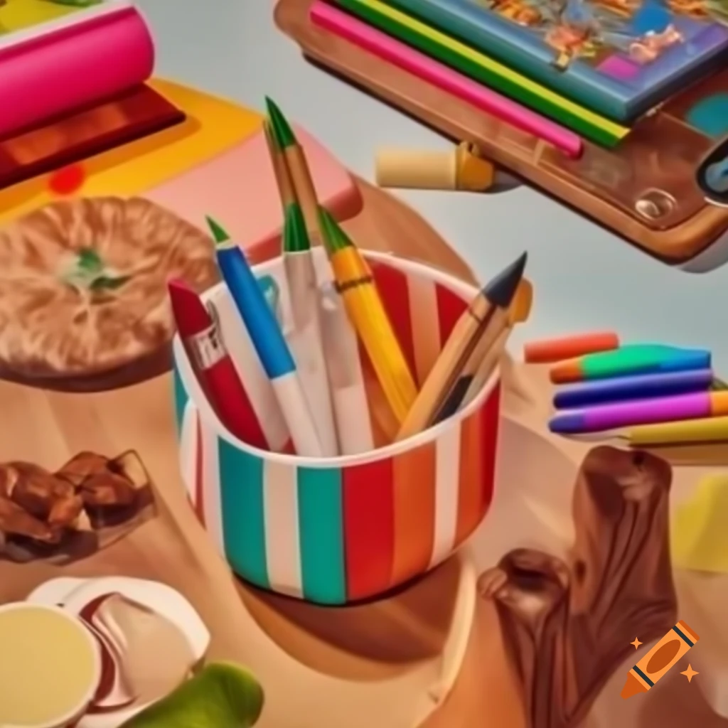 Colorful pencil box with labels indicating characteristics, some pencils excluded