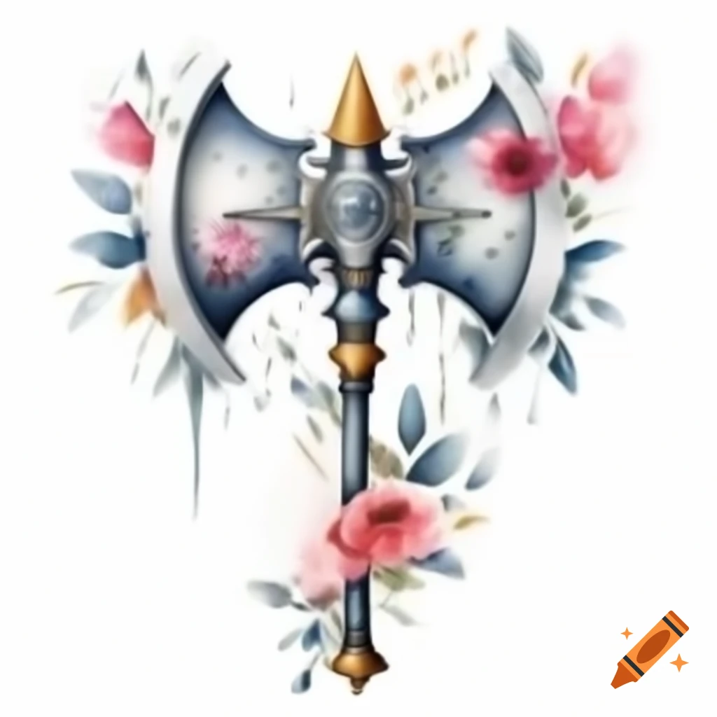 Artistic watercolor representation of a floral battleaxe