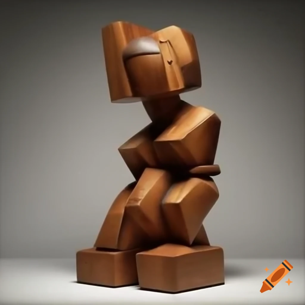 Cubist sculpture of a female figure crafted from rough painted wood