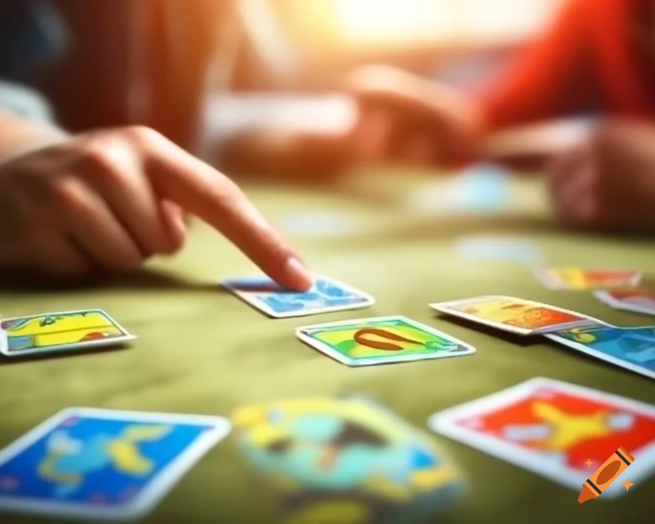 Closeup of Pokémon cards being played with, blurred edges