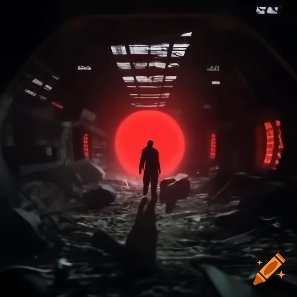 Silhouette in derelict space station with eerie red glowing eyes