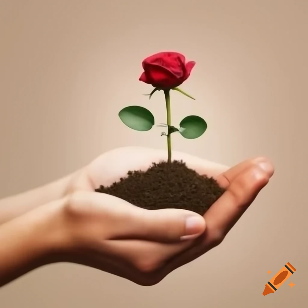 Hands handling terrain with small rose plant