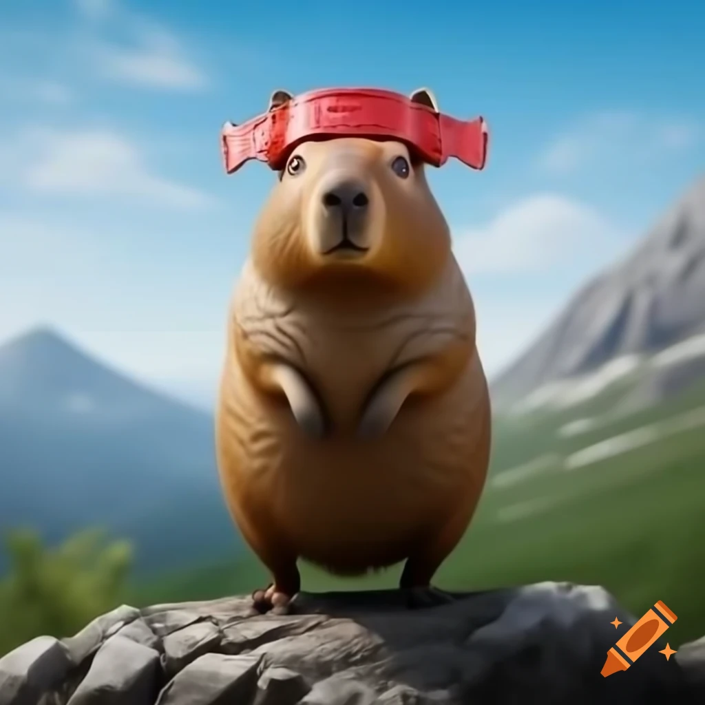 Anthropomorphic capybara wearing red headband standing on mountain