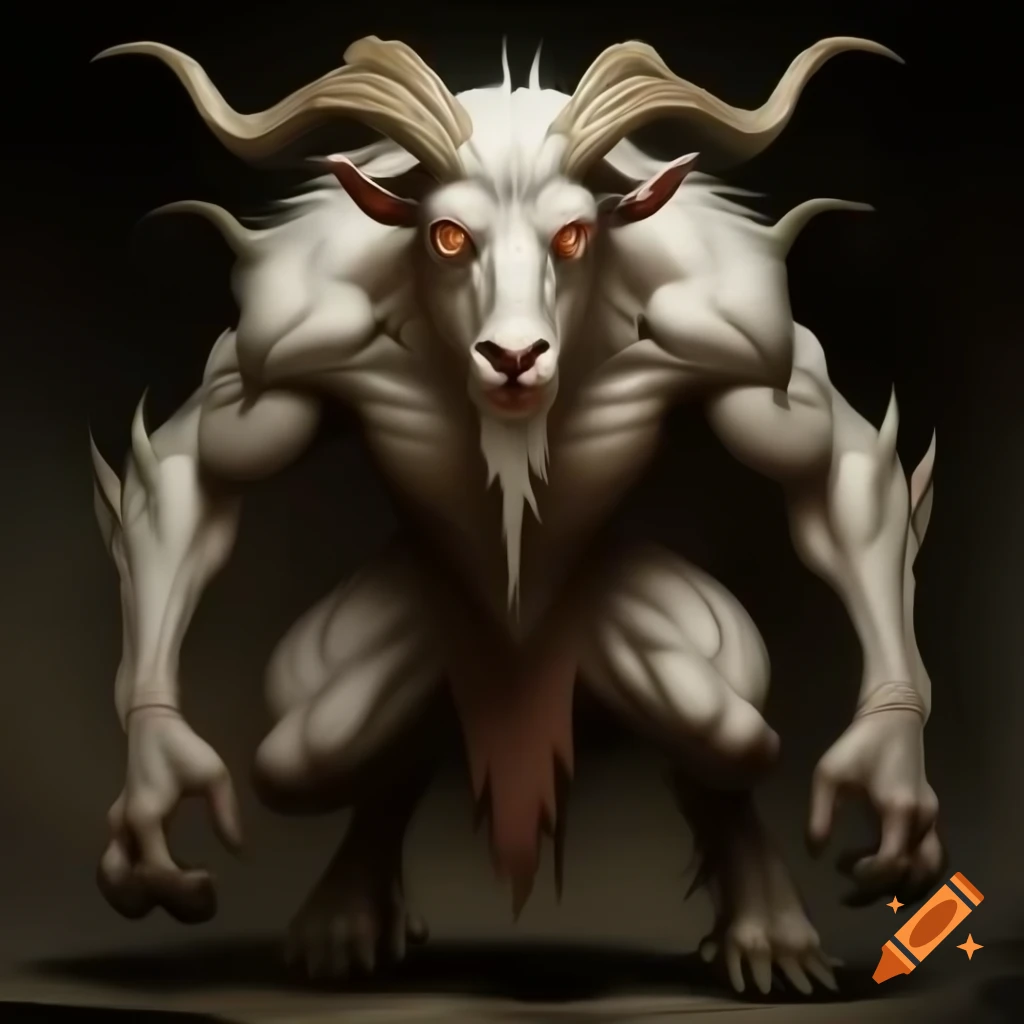 Goat-headed demon with large horns and muscular legs in realistic oil painting
