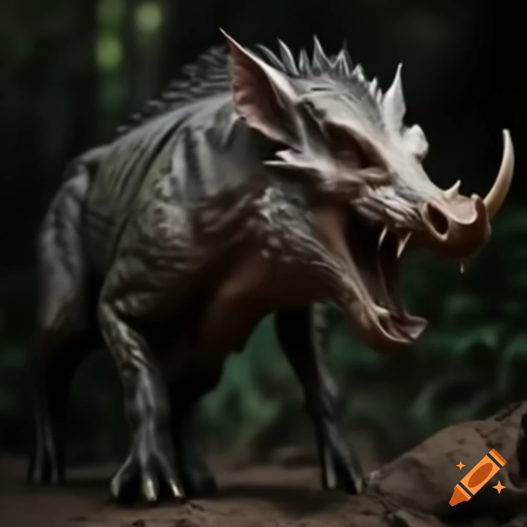 Hyper realistic wild boar-reptile fantasy creature with tusks in full figure