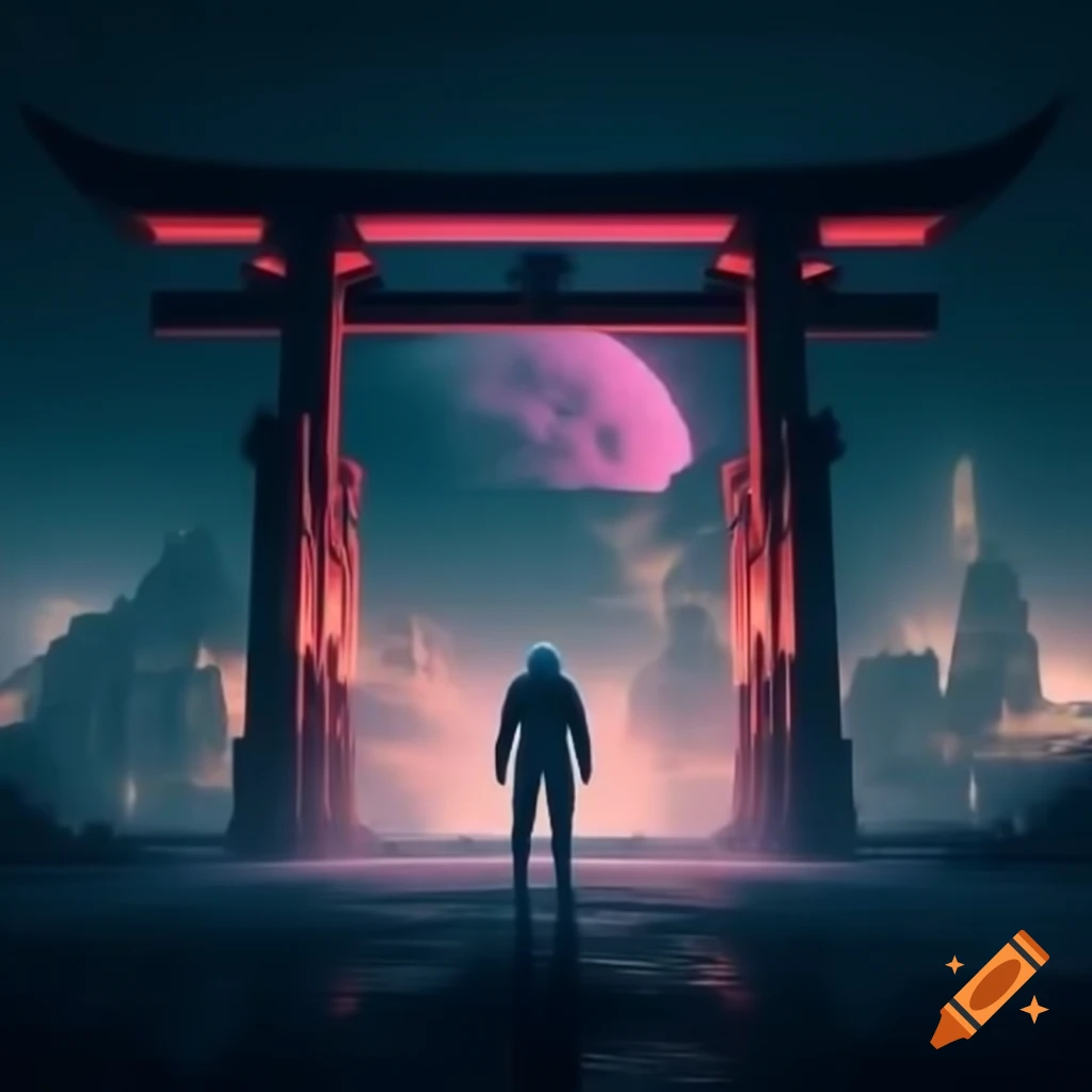 Astronaut in front of neon Torii Gate with Budapest skyline at night