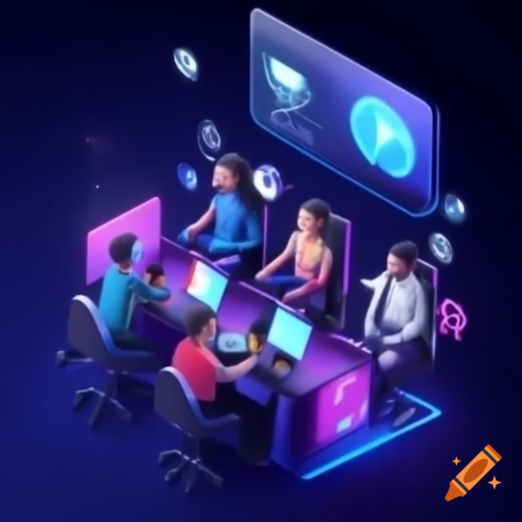 Futuristic customer service center with agents in sleek headsets