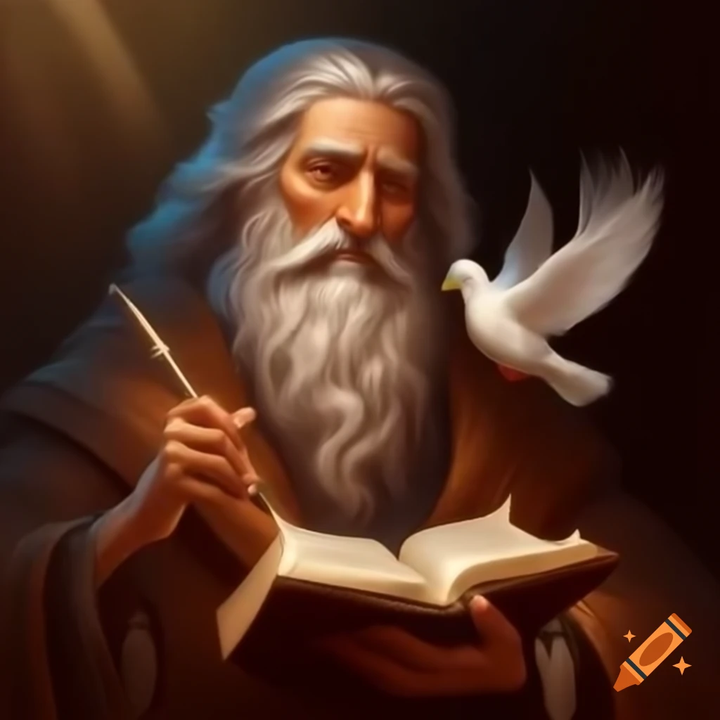 Ancient scholar with quill writing in timeworn volume, fluffy dove nearby