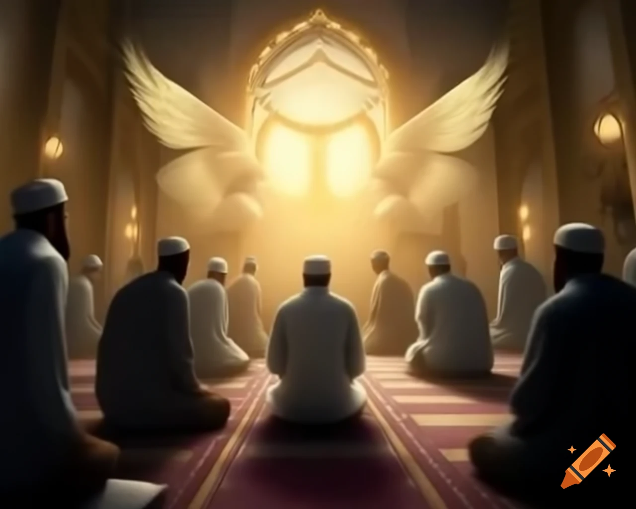Group Islamic prayer scene with angelic figure