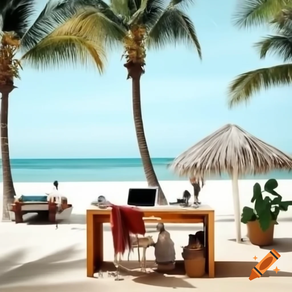 Workstation at beach with palm trees