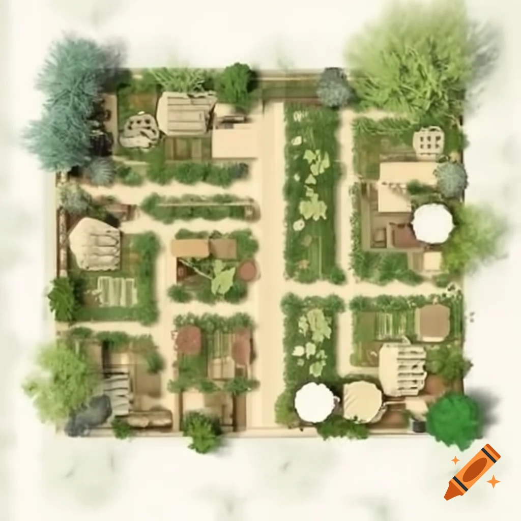Diagram of community garden and relaxation zone features including garden beds and seating areas
