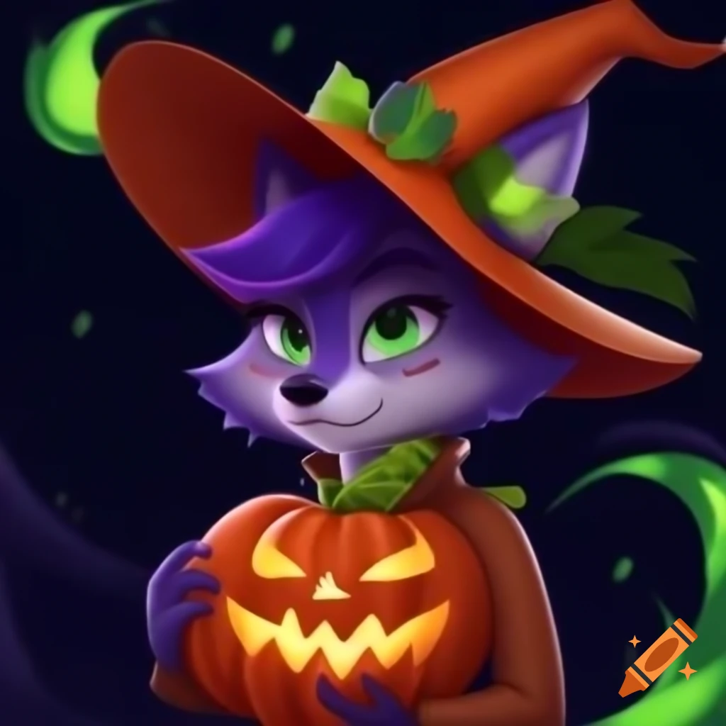 Anthropomorphic wolf character in Pixar style with colorful hat under harvest moon