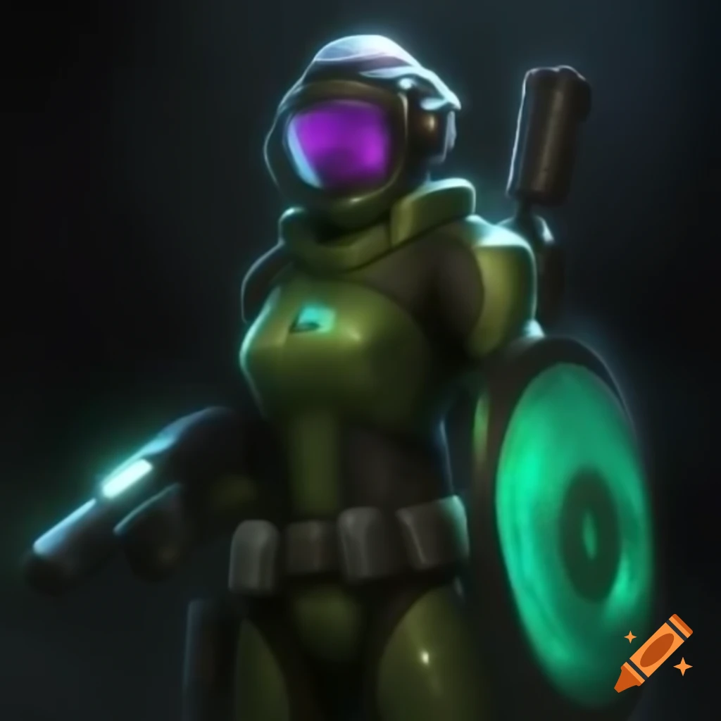 Luminous figure in jade-green futuristic armor with electromagnetic rifle