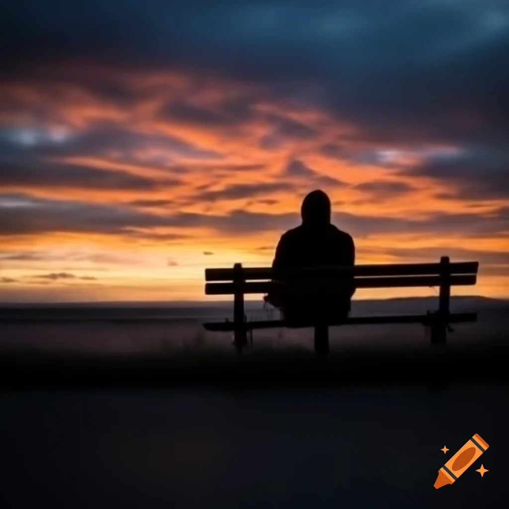 Man sitting on bench alone in front of sunrise