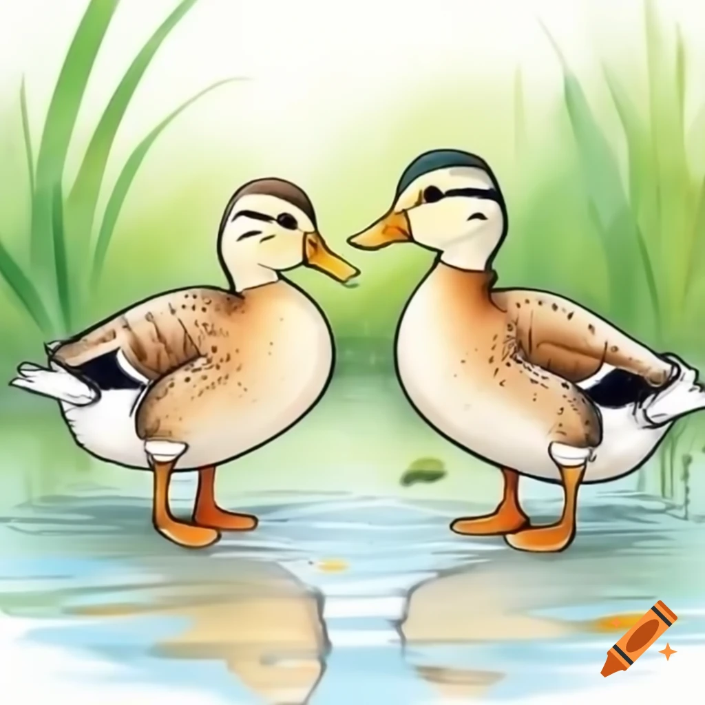 Two domestic ducks swimming in a pond
