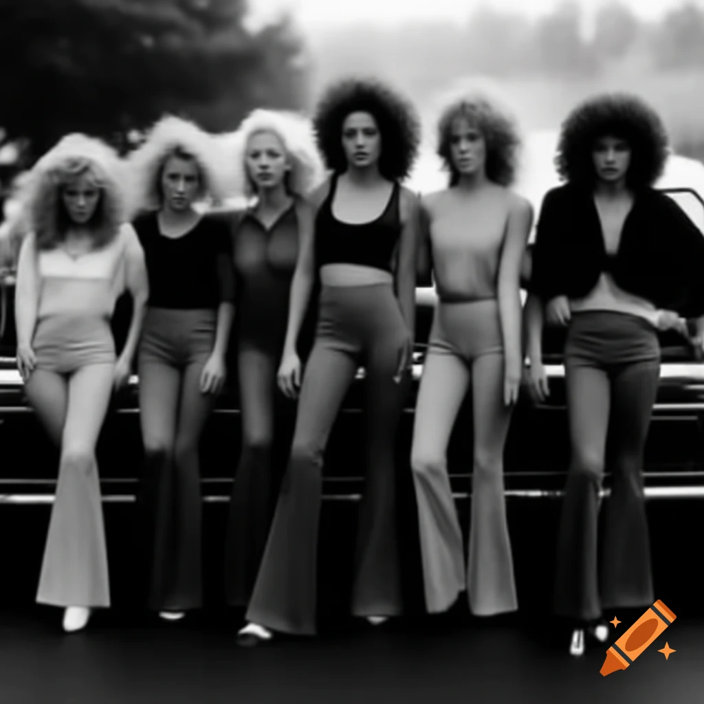 Five women in 80s flared pants posed with a car in the background