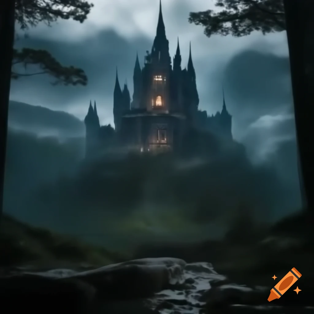 Dark castle in distance surrounded by misty forest