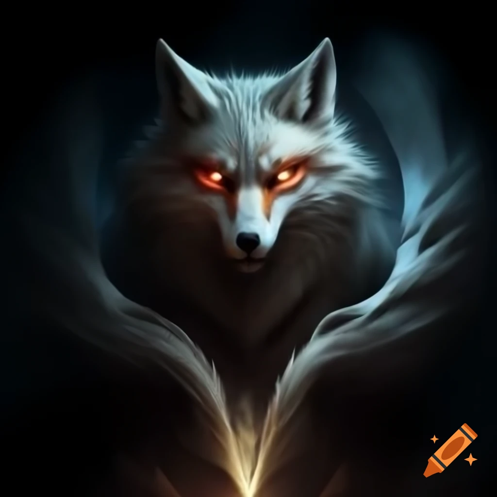 Mythical kitsune with a blade in its mouth illuminated by otherworldly light