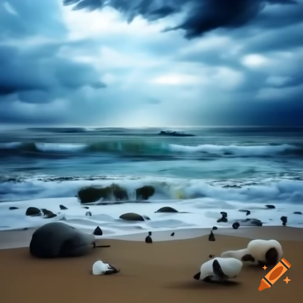 Stormy beach with rough sea and various sea animals