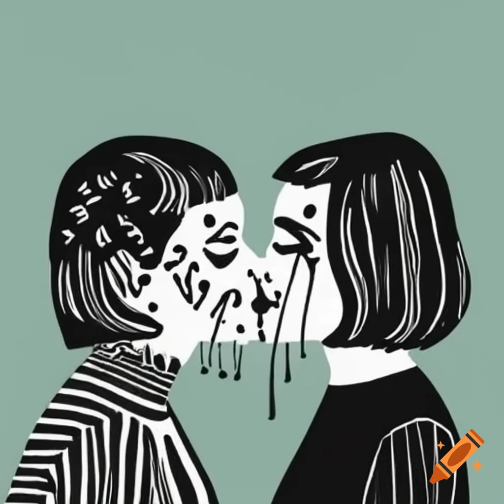 Abstract depiction of two figures kissing in minimalist linocut style